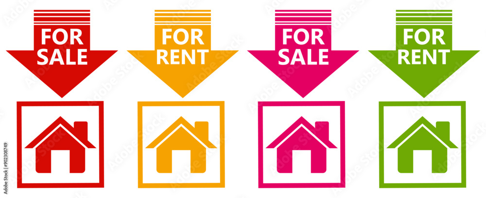 set vector sign for sale and rent icon stickers. house for rent promotional template label design illustration
