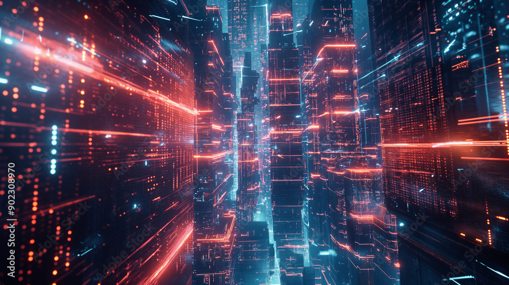 Fototapeta premium A futuristic digital vault protected by layers of intricate, glowing encryption codes, with streams of data flowing like rivers of light in a cyberpunk cityscape.