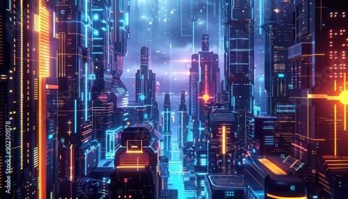 Digital illustration of a sci-fi cityscape with glowing neon elements and sleek architectural designs, perfect for modern banner backgrounds.