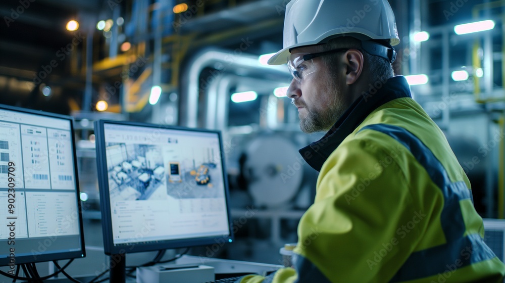 A factory safety officer monitoring the safety performance metrics on a computer screen,copy space. Generative ai illustration. A factory safety officer monitoring the safety performance metrics on a computer screen,copy space. Generative ai illustration.