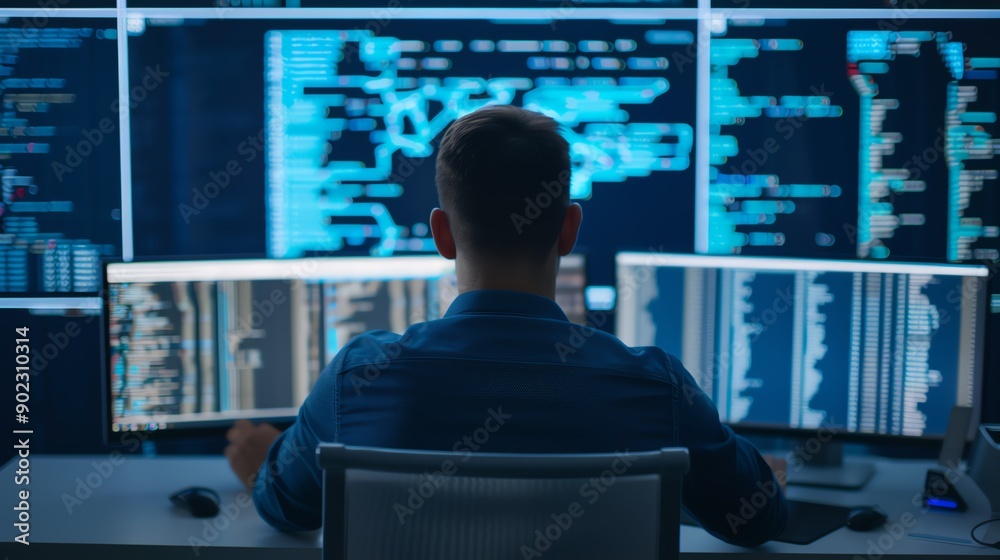 IT professional analyzing data on cybersecurity threats, Cybersecurity threats, Protecting against digital dangers IT professional analyzing data on cybersecurity threats, Cybersecurity threats, Protecting against digital dangers