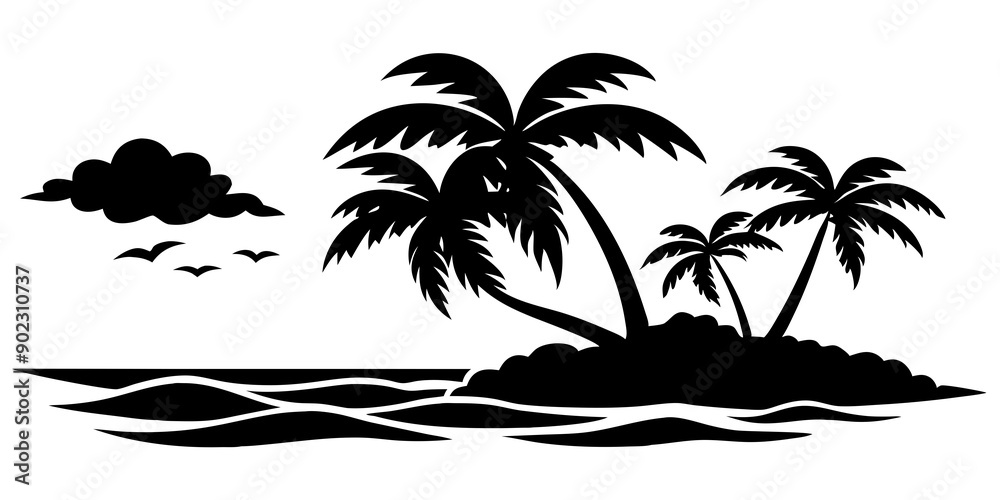 Tropical Paradise: Sunrise Silhouette of Beach Sand, Trees, and Coconut Palms Tropical Paradise: Sunrise Silhouette of Beach Sand, Trees, and Coconut Palms
