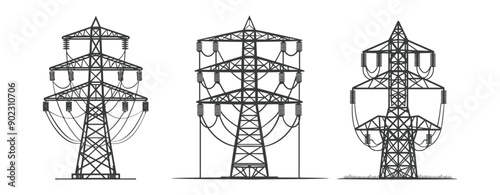 collection electricity pylons with crossbars and wires silhouette ,generative ai