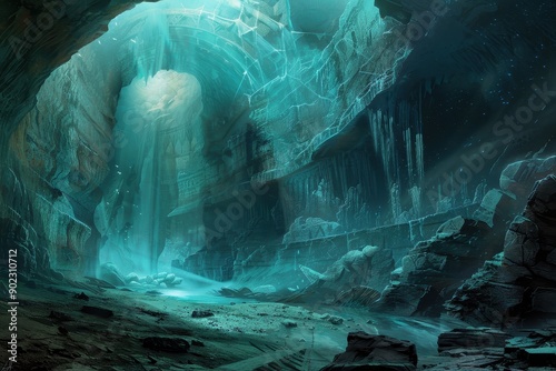 Bioluminescent cavern with a frozen waterfall and a crystal lake