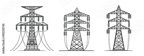 collection electricity pylons with crossbars and wires silhouette ,generative ai