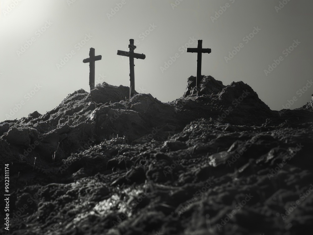 Three crosses on dirt hill Three crosses on dirt hill