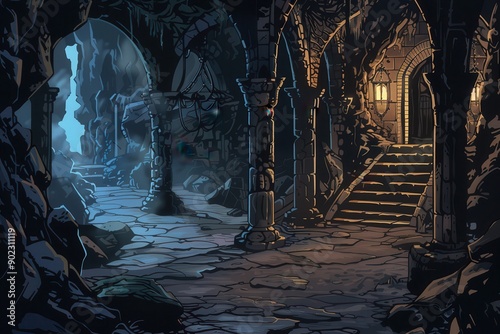 Mysterious Dungeon Chamber with Staircase and Lantern