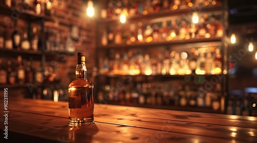 Single Bottle of Whiskey on a Bar Counter