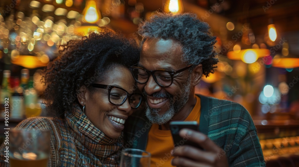 Fototapeta premium Couple Looking at Cell Phone