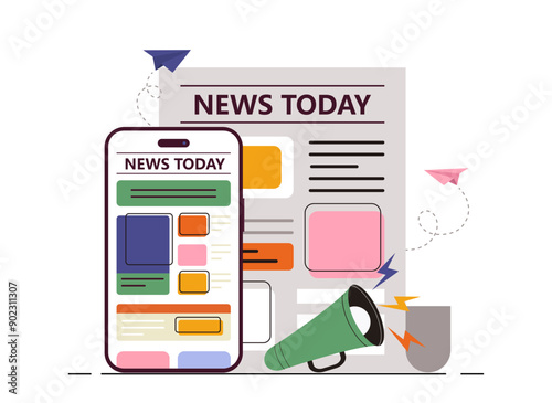 News today concept. Newspaper near loudspeaker. Mass media and journalism. Business information and newsletter. World daily news. Flat vector illustration isolated on white background