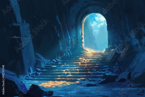 Mysterious temple ruins with glowing blue light shining through an arched doorway photo