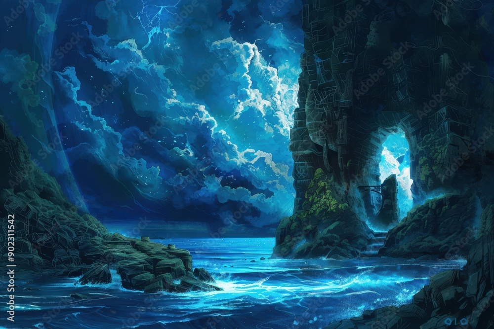 Mysterious cavern entrance by the sea during a stormy night Mysterious cavern entrance by the sea during a stormy night