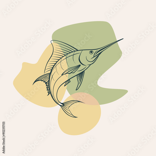 Sailfish, swordfish, marlin on blobs background. Seafood shop logo, signboard, restaurant menu, fish market, banner, poster design template. Fresh seafood. Fishing trophy