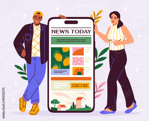 People with online news. Man and woman near smartphone with electronic newspaper. Mass media and journalist. Users consume content. Information and knowledge. Flat vector illustration
