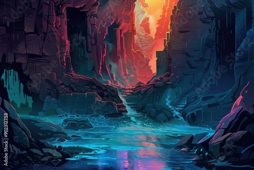 Glowing River Through Mysterious Rocky Canyon