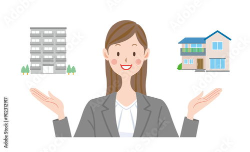 一戸建てかマンションか選択する女性　提案する不動産の営業　賃貸か購入か
