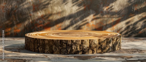 Wooden podium with tree ring patterns, organic and earthy style, naturecentric presentation platform photo