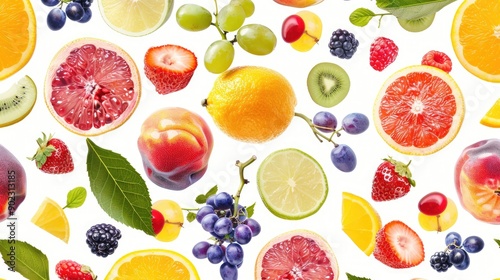 Assorted fresh fruits, including berries, citrus, and grapes, arranged in a colorful, seamless pattern against a white background