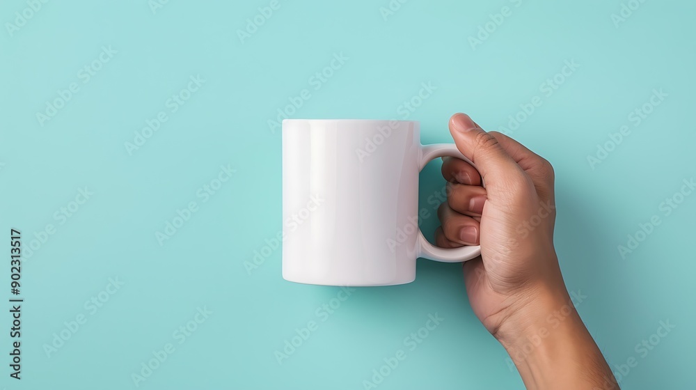 Blank White Mug in Hand Against Blue Background Blank White Mug in Hand Against Blue Background