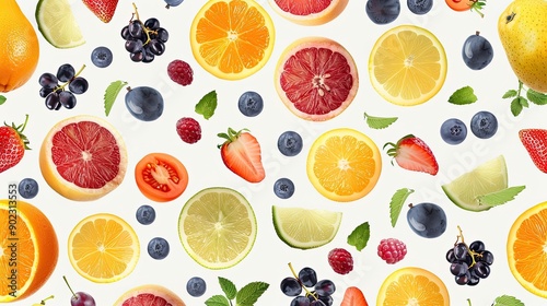 Colorful assortment of fresh fruits like berries, citrus, and grapes in a seamless pattern, isolated background