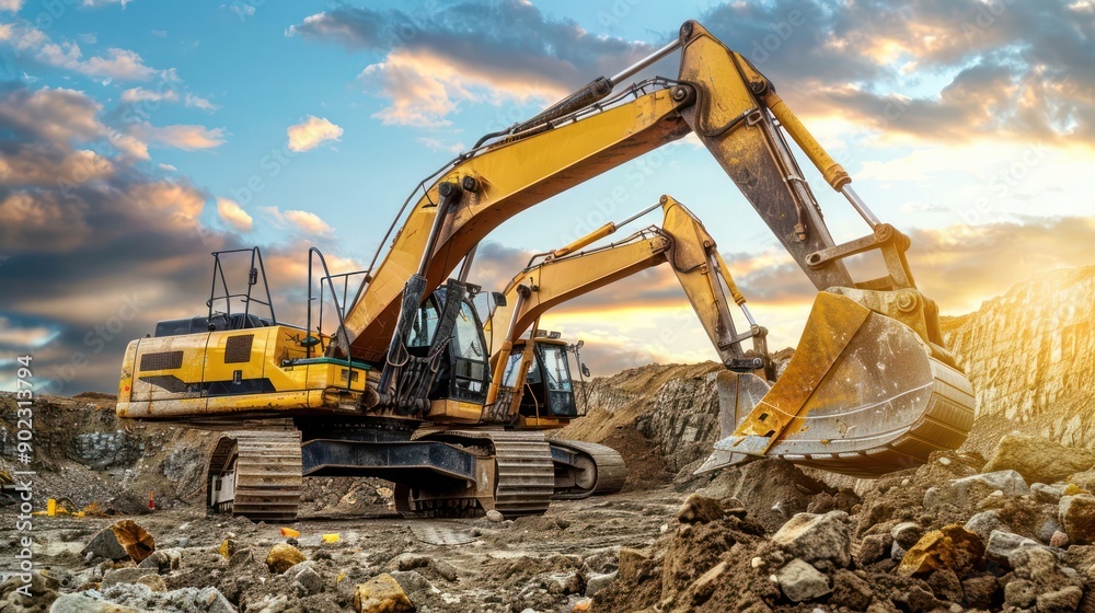 Excavators operating on a large construction site, showcasing heavy machinery at work. Excavators operating on a large construction site, showcasing heavy machinery at work.
