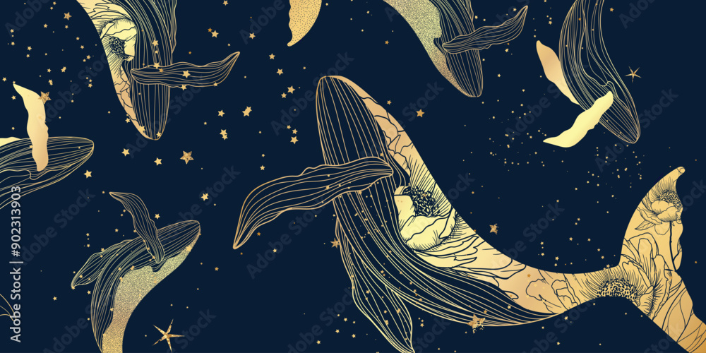 Fototapeta Sea animal golden line art on navy blue background vector. Wallpaper design of whale with flower pattern. Ocean painting for wall decoration, interior, cover, banner, packaging, print.