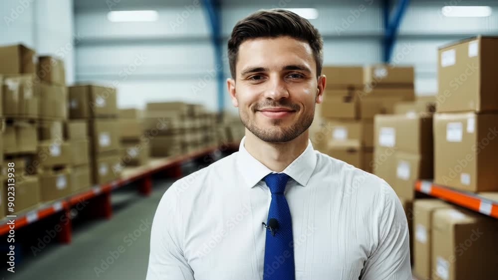 Smiling young warehouse manager in shirt and tie standing among cardboard boxes, distribution center Smiling young warehouse manager in shirt and tie standing among cardboard boxes, distribution center