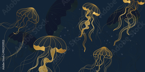 Sea animal golden line art on navy blue background vector. Wallpaper design with jellyfish, gold foil texture. Ocean painting for wall decoration, interior, cover, banner, packaging, print.