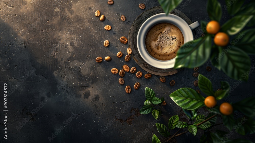 A cup of coffee with coffee beans and green leaves on a rustic background. A cup of coffee with coffee beans and green leaves on a rustic background.