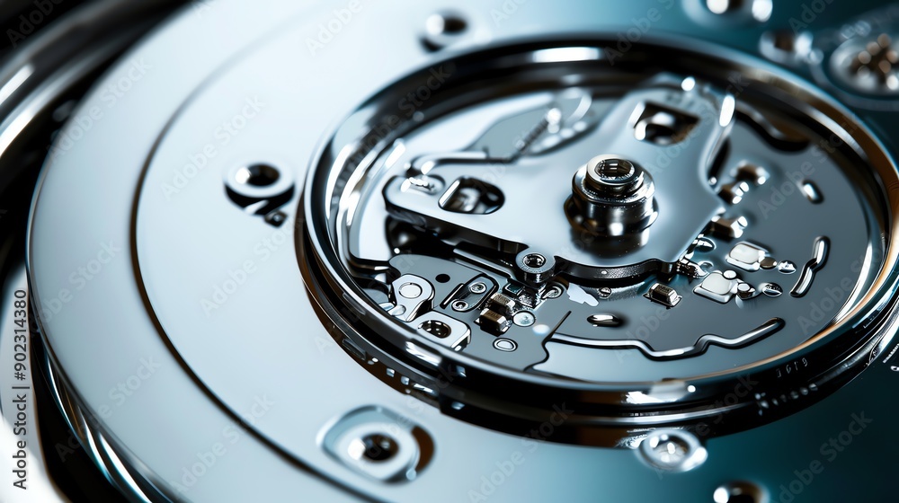 Close-up of a computer hard disk drive (HDD) interior, showcasing its intricate mechanical details and technology components. Close-up of a computer hard disk drive (HDD) interior, showcasing its intricate mechanical details and technology components.