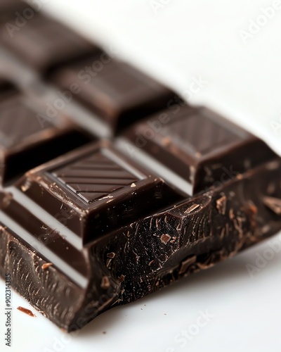 Close-up of a dark chocolate bar with intricate details on each square, highlighting the texture and richness of the chocolate. photo