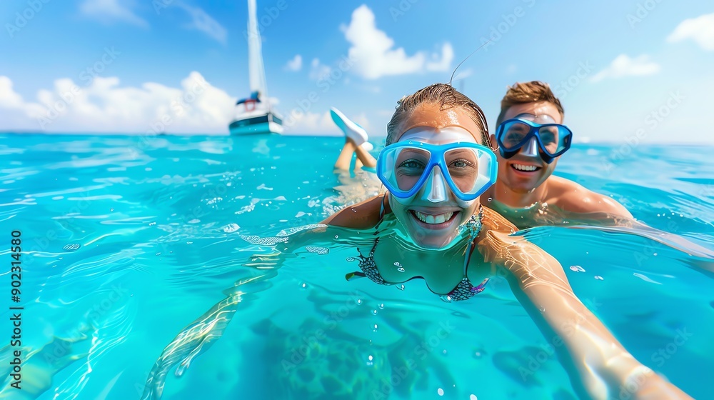 Naklejka premium A joyful couple snorkeling in clear turquoise water, enjoying a beautiful day at sea under a bright blue sky.