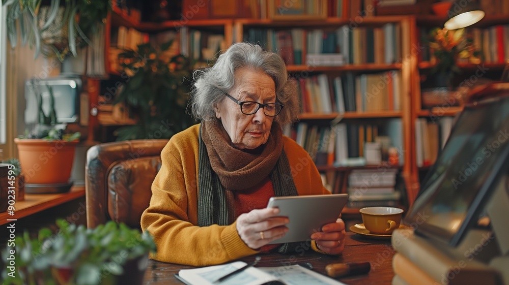 senior women comfortably using digital tablets in cozy, book-filled settings. senior women comfortably using digital tablets in cozy, book-filled settings.