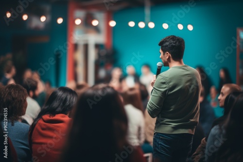 Photo of a college lecture with speakers on stage and an audience in the foreground, captured from behind against a blue colored background, with blurred people in focus. 