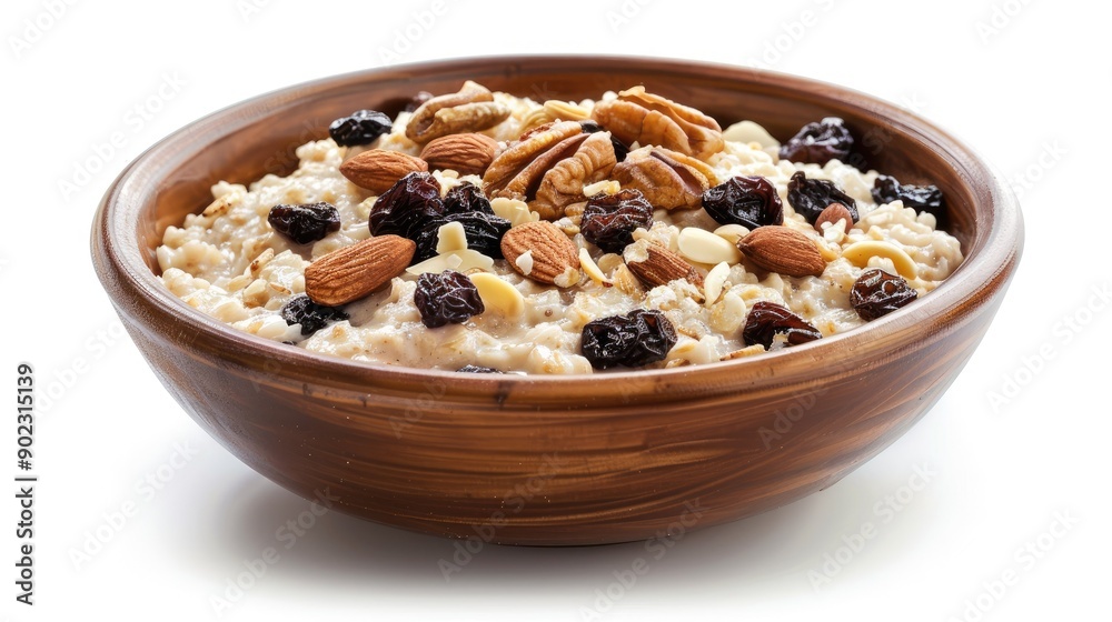 Hearty oatmeal with raisins, nuts, and milk, served in a bowl isolated on white Hearty oatmeal with raisins, nuts, and milk, served in a bowl isolated on white