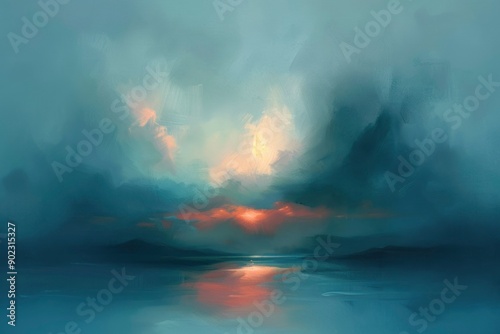 Abstract Painting of a Serene Landscape with a Red Sunset Reflection on Water