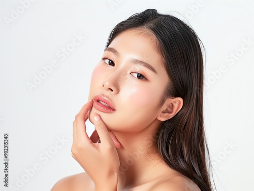 Asian woman, long hair, pink makeup, posing confidently on white.