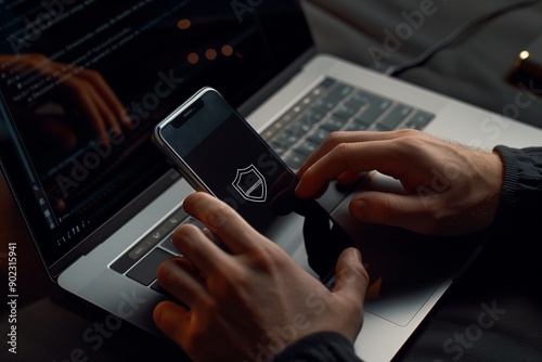 Online security concept, hands with devices, detailed professional photo.