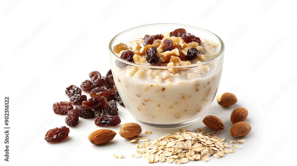 Oatmeal with milk, topped with nuts and raisins, isolated on a clean white background Oatmeal with milk, topped with nuts and raisins, isolated on a clean white background