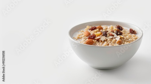 Oatmeal with milk, nuts, and raisins, presented in a bowl on a plain white background