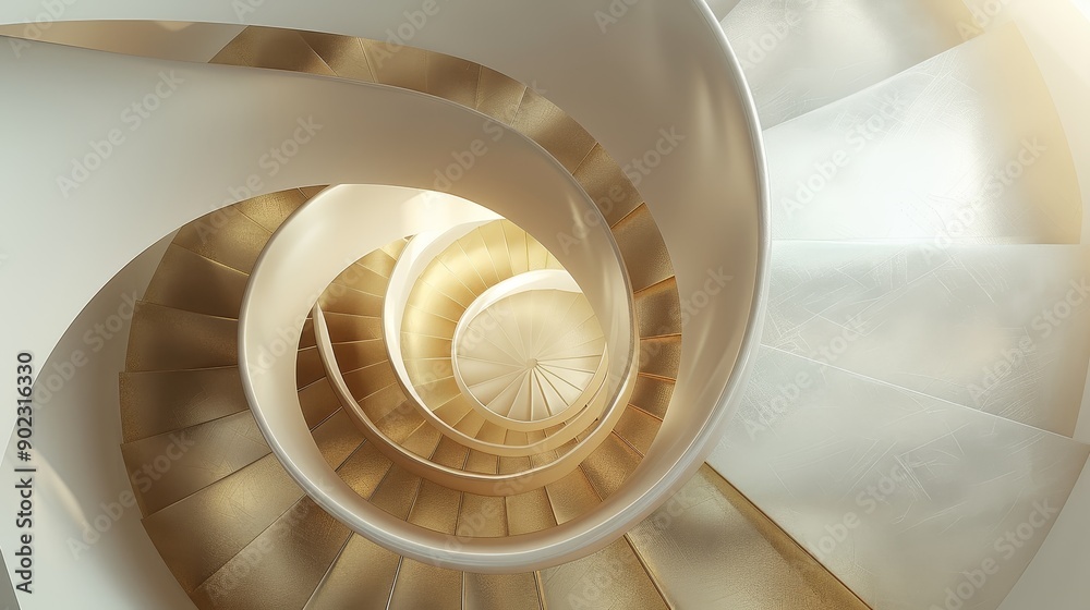 Obraz premium Abstract spiral staircase with white and gold tones, creating a sense of depth and movement.