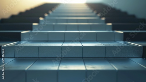 Abstract staircase leading upwards towards a bright light. A symbolic image representing progress, ambition, and reaching for your goals.