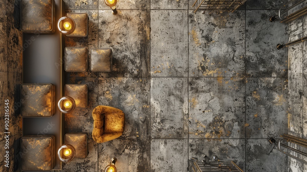 An overhead view of a room with stone tile floor and leather chairs. The room is lit by warm lamps. An overhead view of a room with stone tile floor and leather chairs. The room is lit by warm lamps.