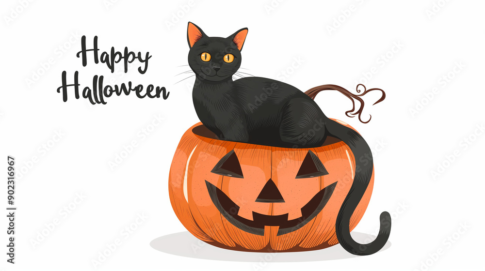 halloween cat with pumpkin and happy halloween text halloween party invitation card halloween cat with pumpkin and happy halloween text halloween party invitation card