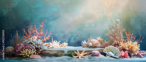 Fototapeta Naklejka Na Ścianę i Meble -  Seashellencrusted podium with coral accents, underwaterinspired, natural and vibrant presentation setting