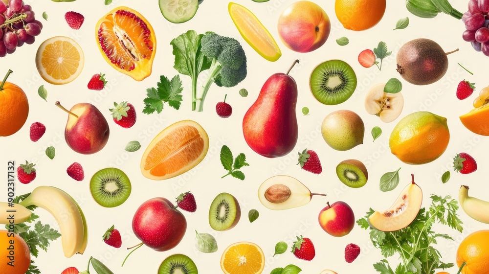Vibrant fresh fruits and vegetables suspended in the air, arranged in a seamless pattern on a light background Vibrant fresh fruits and vegetables suspended in the air, arranged in a seamless pattern on a light background