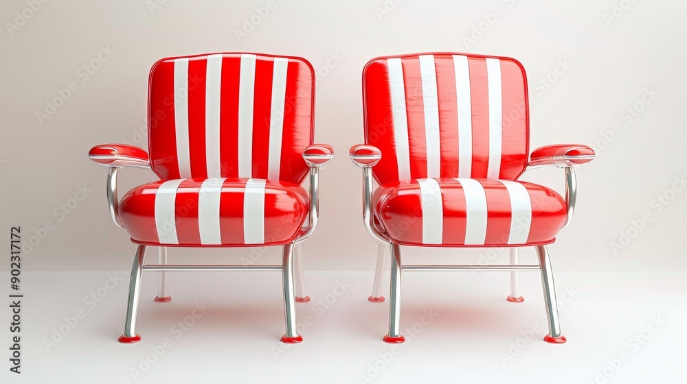 Fototapeta premium Two red and white striped chairs stand side by side against a white backdrop.