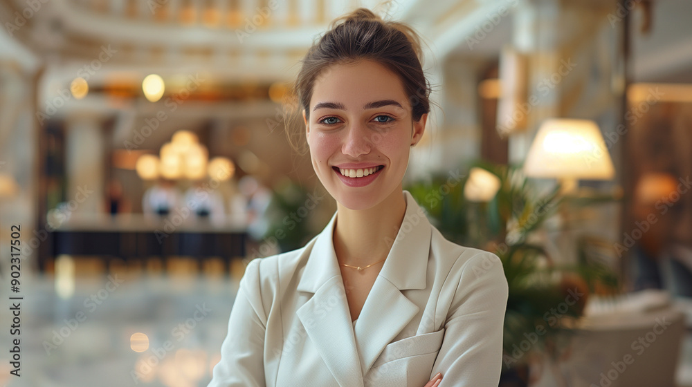 Cheerful hotel receptionist at lobby Cheerful hotel receptionist at lobby