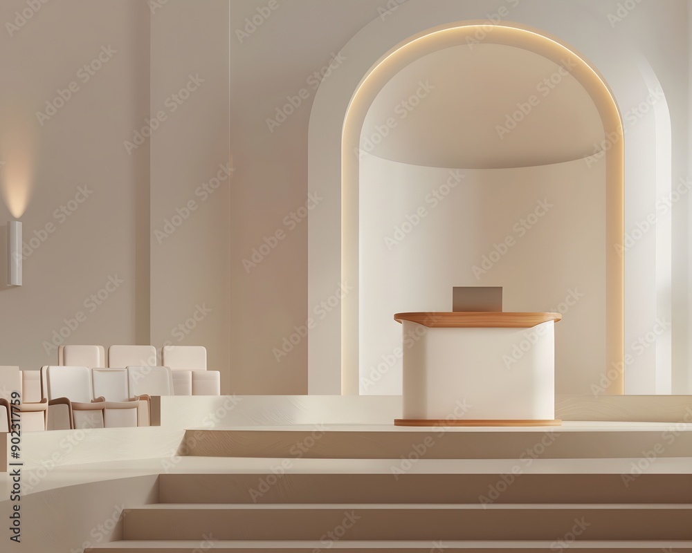 Illustration of A podium with clean lines and a modern aesthetic, set in a mock-up of a sophisticated lecture hall, with state-of-the-art technology and minimalist decor Ai Generate. Illustration of A podium with clean lines and a modern aesthetic, set in a mock-up of a sophisticated lecture hall, with state-of-the-art technology and minimalist decor Ai Generate.