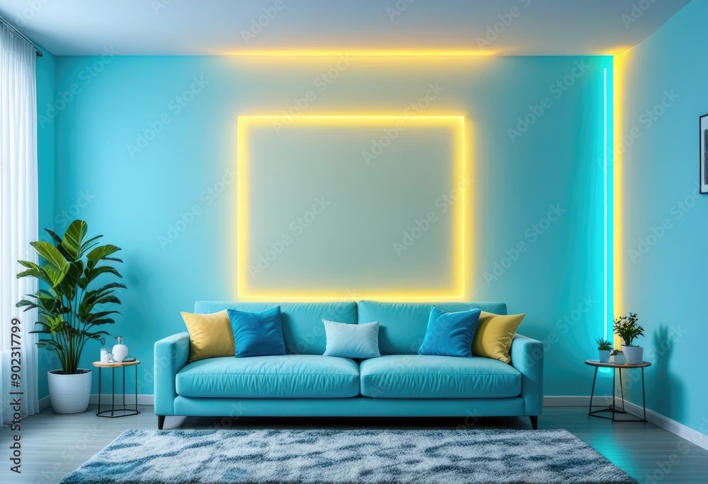 Visualize an empty living room wall illuminated by light yellow, light cyan, and light blue neon lights Visualize an empty living room wall illuminated by light yellow, light cyan, and light blue neon lights